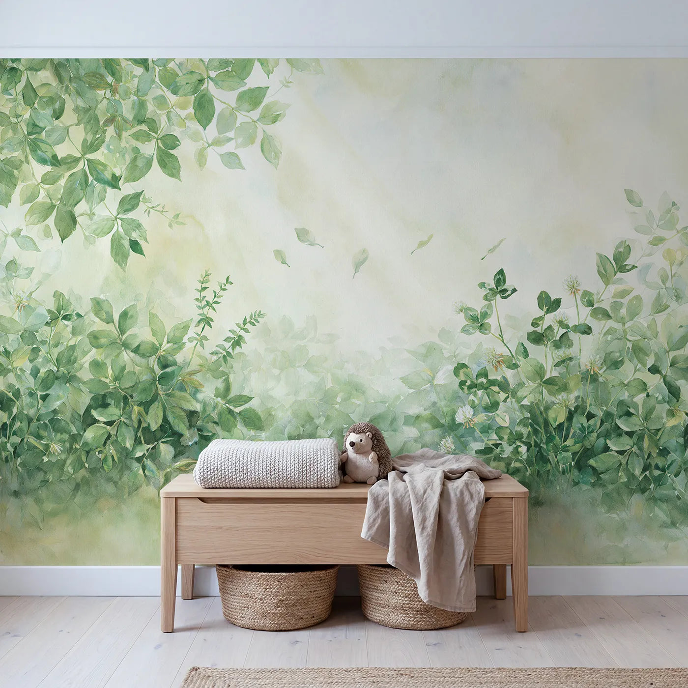 Gentle Leaf Drift Wallpaper Mural in playroom setting by Whimsy Tots