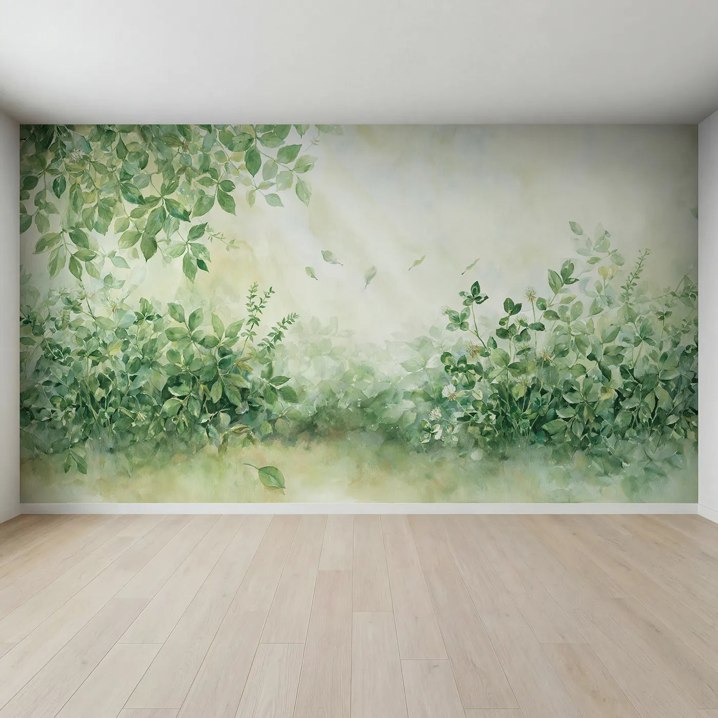Full view of Gentle Leaf Drift Wallpaper Mural by Whimsy Tots