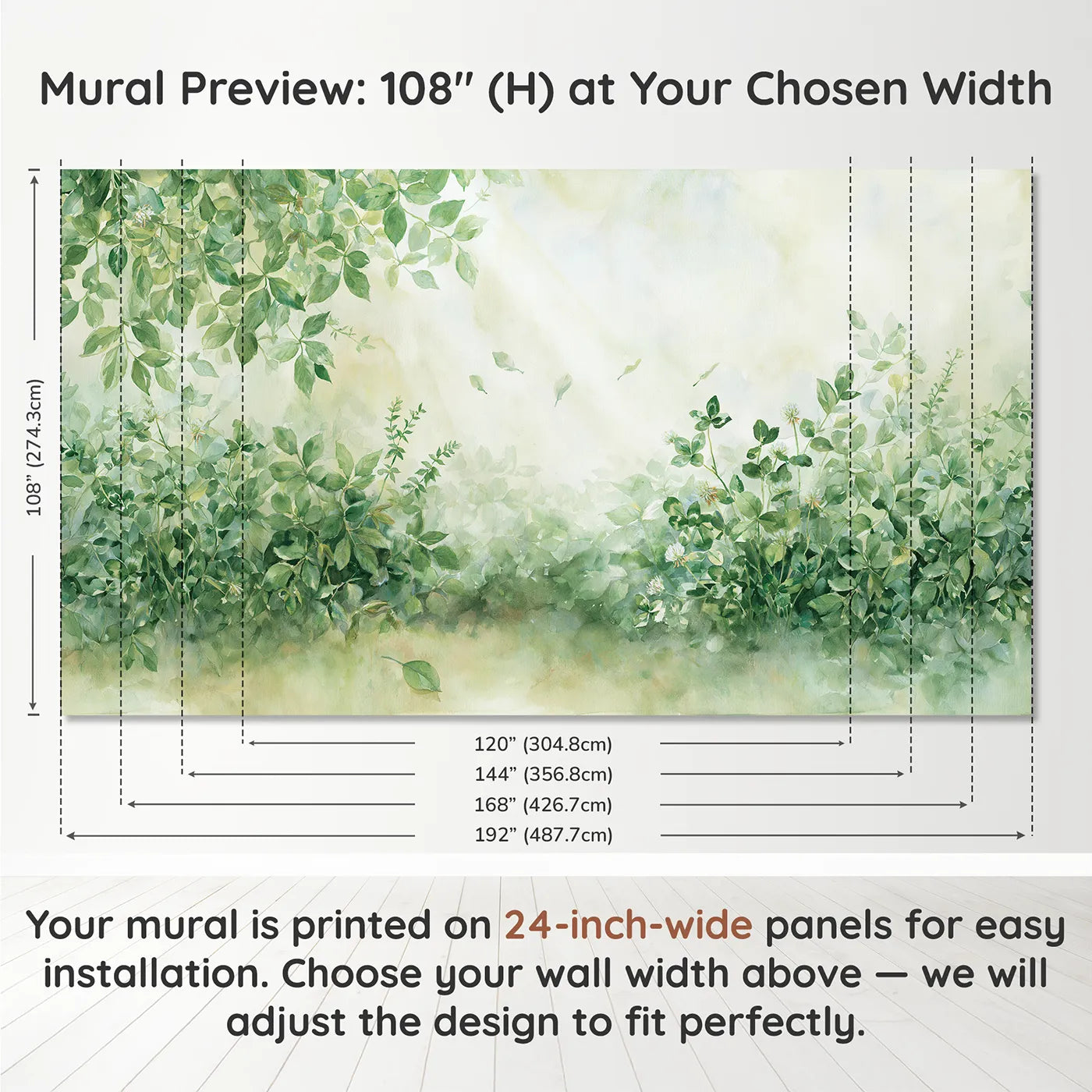 Panel layout and dimensions for Gentle Leaf Drift Wallpaper Mural by Whimsy Tots