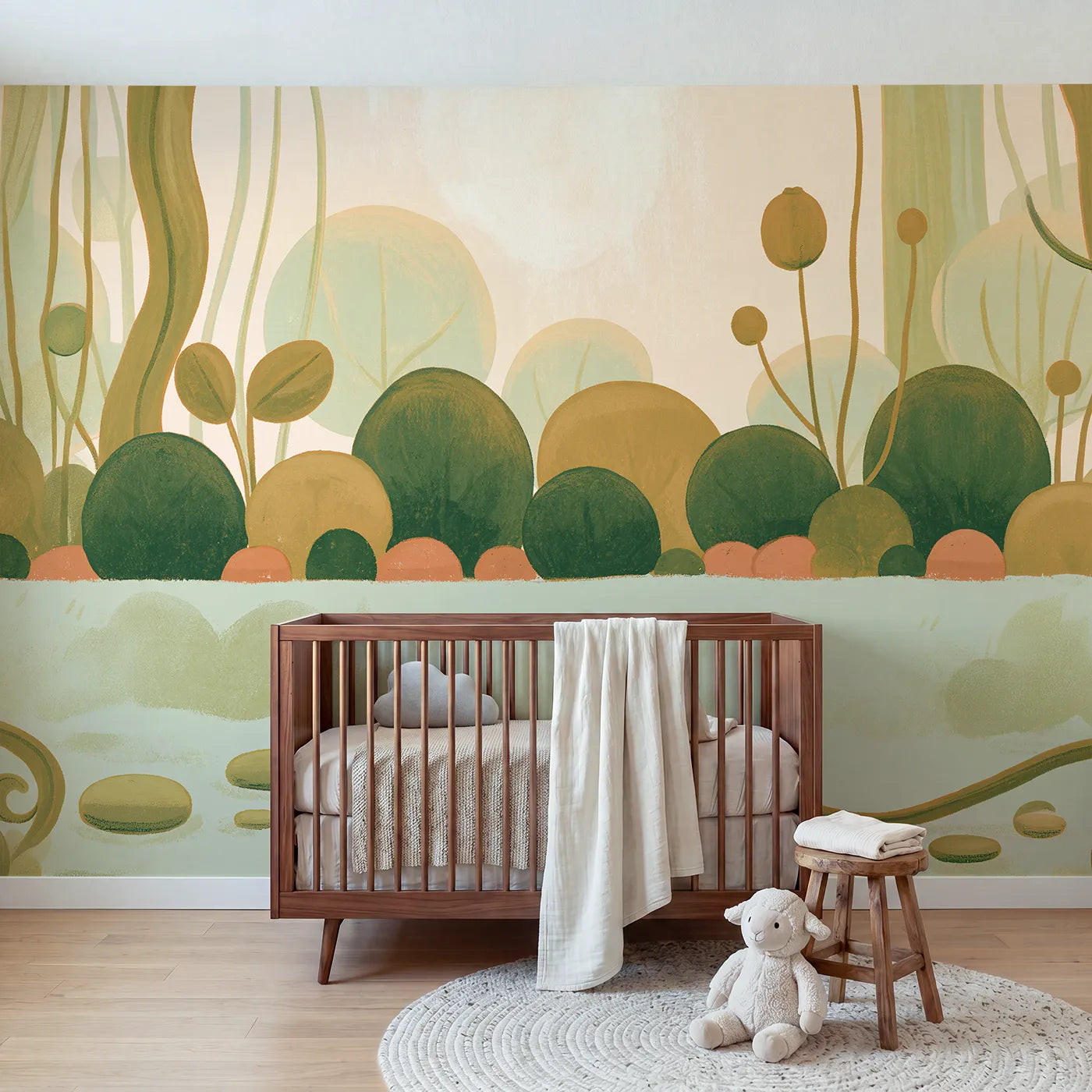 Folk gouache wall mural of simple leaf shapes by Whimsy Tots