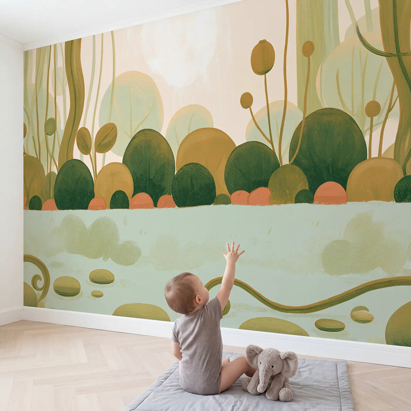 Child in nursery with Folk Leaf Shapes Wallpaper Mural by Whimsy Tots