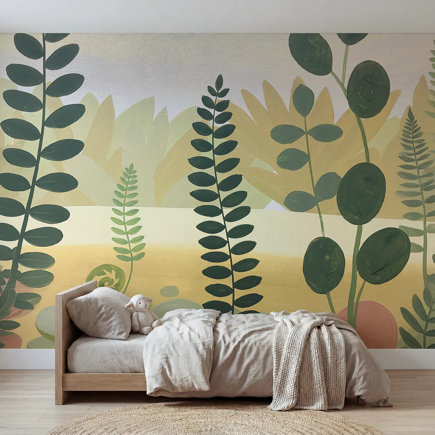 Folk gouache wall mural of a bold confident fern by Whimsy Tots