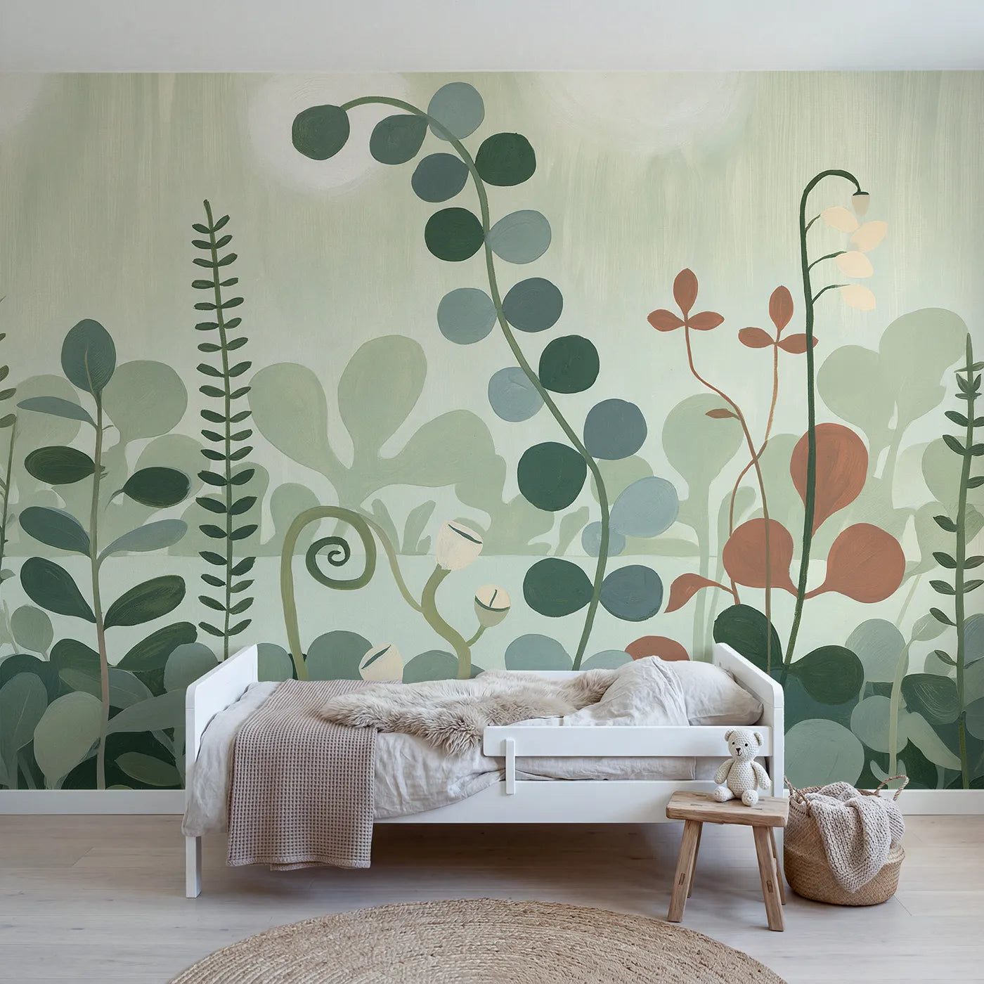 Folk gouache wall mural of a eucalyptus branch by Whimsy Tots