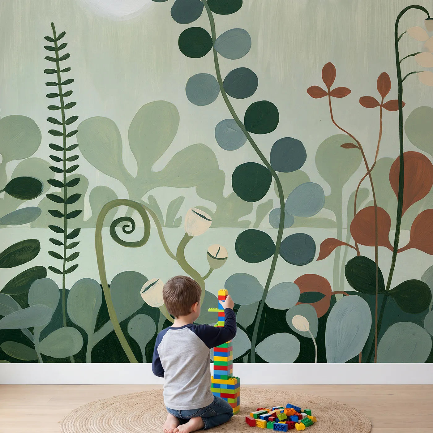 Child in nursery with Folk Eucalyptus Branch Wallpaper Mural by Whimsy Tots
