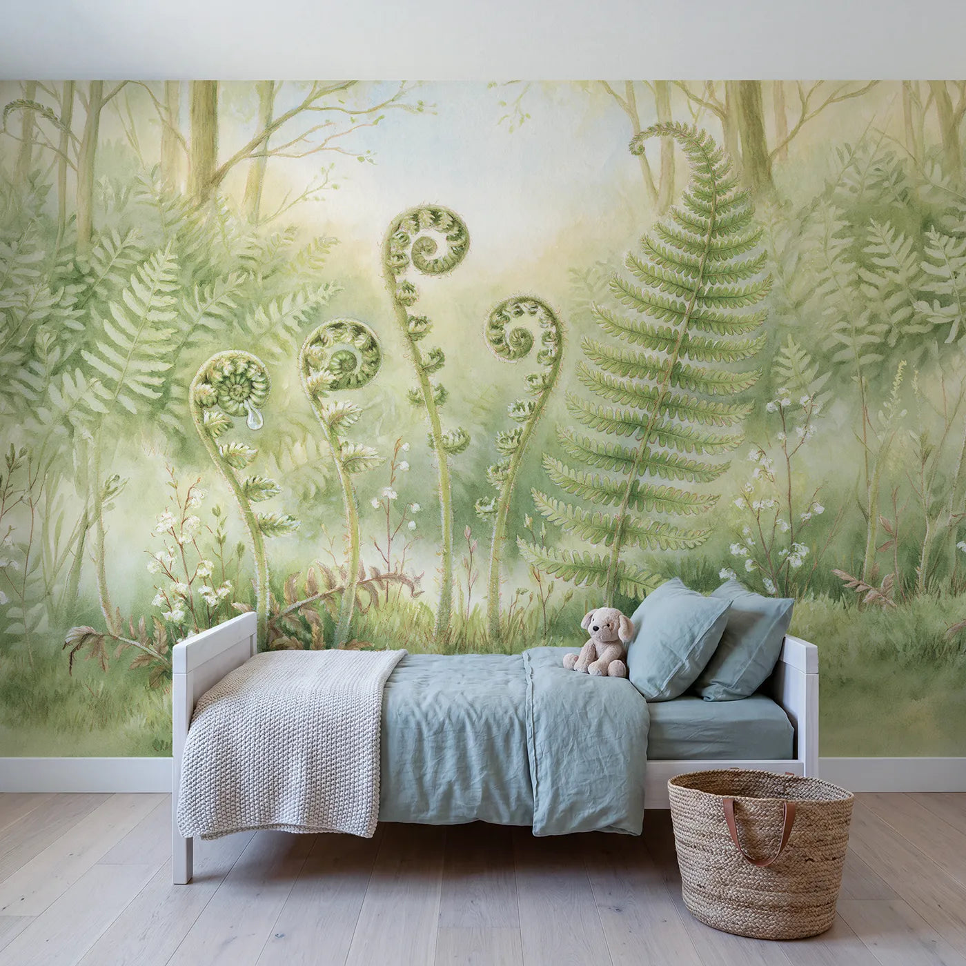Storybook fern fronds unfurling in sequence, wall mural for a big-kid bedroom by Whimsy Tots