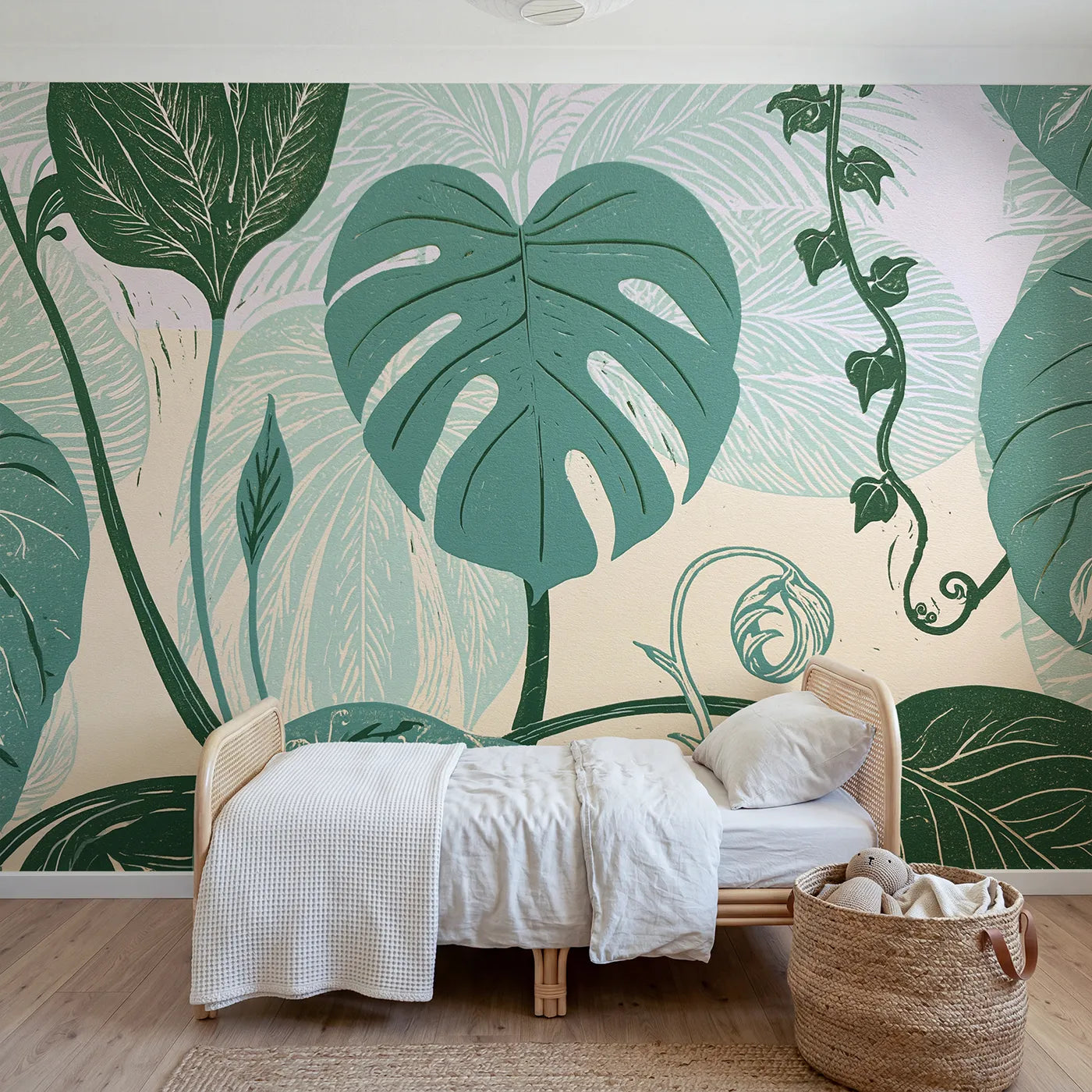 Linocut wall mural of a carved monstera leaf by Whimsy Tots