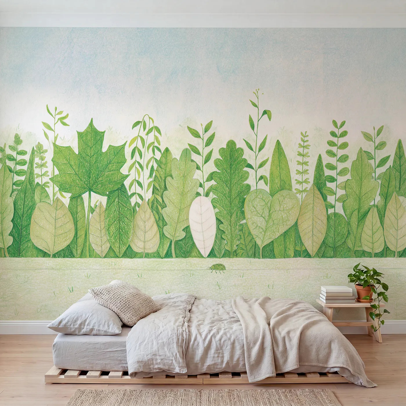 Colored Pencil row of different leaf shapes in a line, mural for a rented bedroom by Whimsy Tots