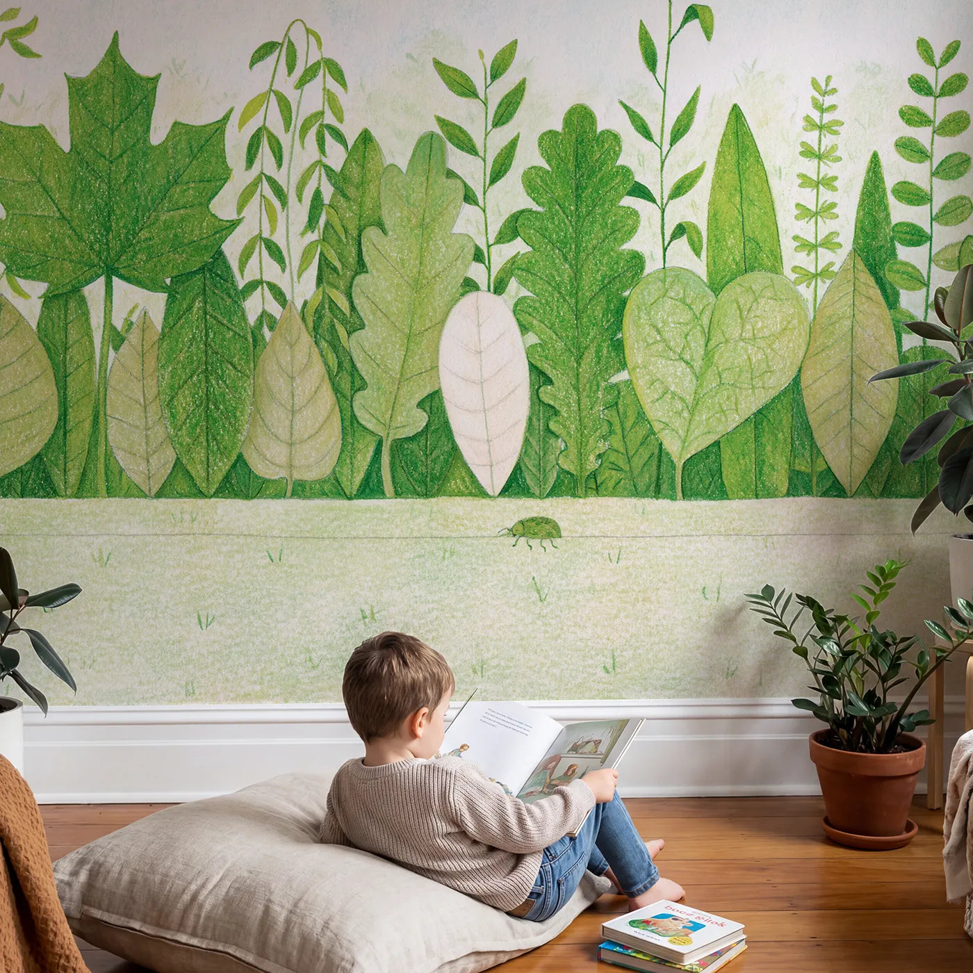 Child in nursery with A Line of Leaf Shapes Wallpaper Mural by Whimsy Tots