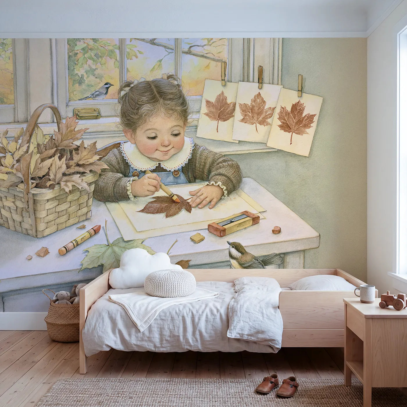 Storybook leaf rubbings being made with a crayon, wall mural for a shared kids room by Whimsy Tots