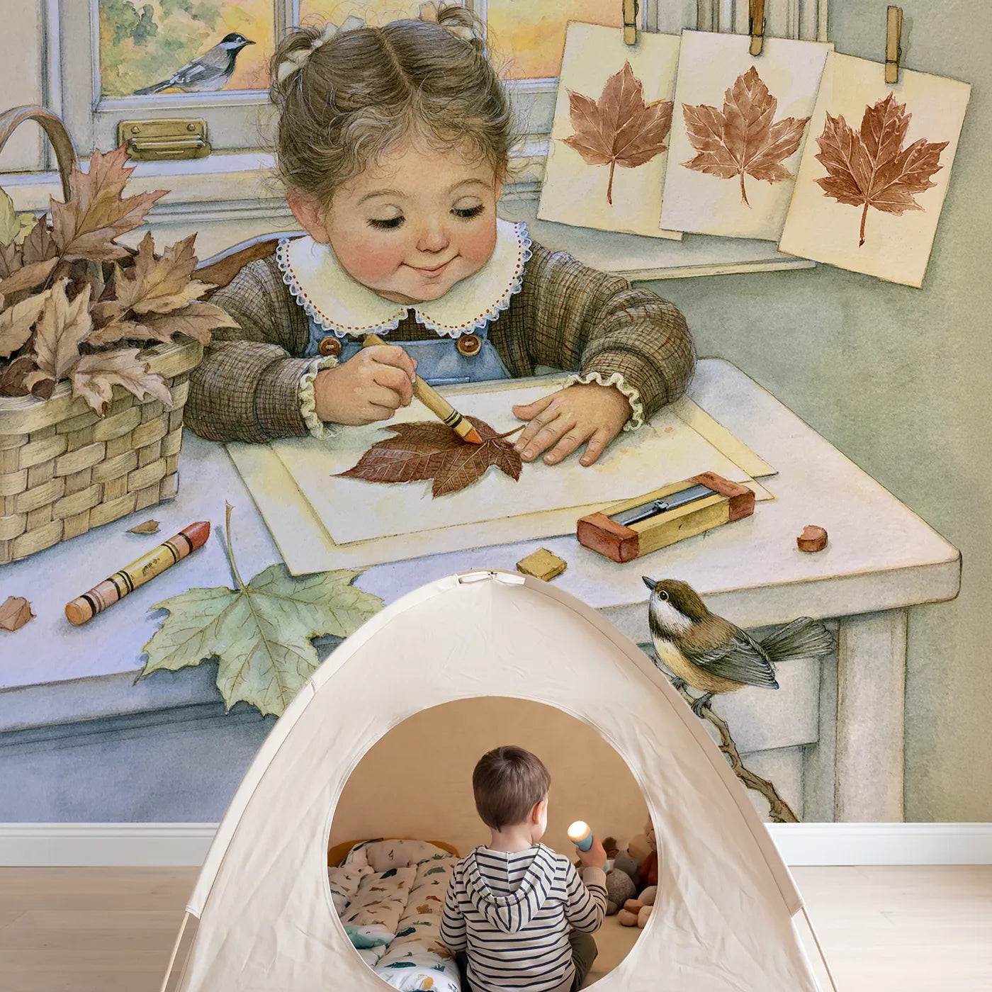 Child in nursery with The Leaf Rubbing Wallpaper Mural by Whimsy Tots