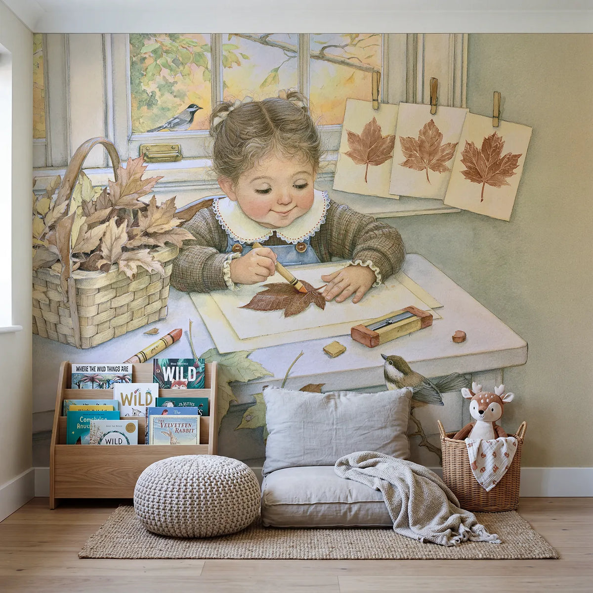 The Leaf Rubbing Wallpaper Mural in playroom setting by Whimsy Tots