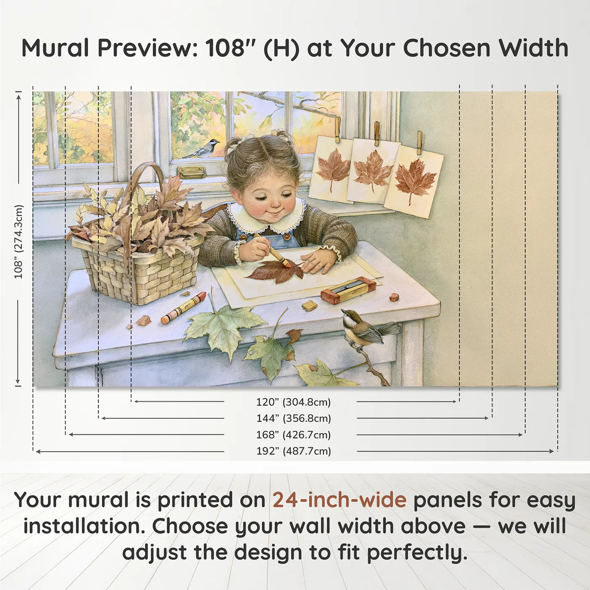 Panel layout and dimensions for The Leaf Rubbing Wallpaper Mural by Whimsy Tots