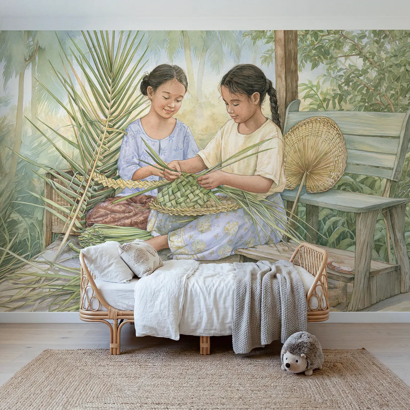 Storybook palm fan being woven by hand, wall mural for a big-kid bedroom by Whimsy Tots