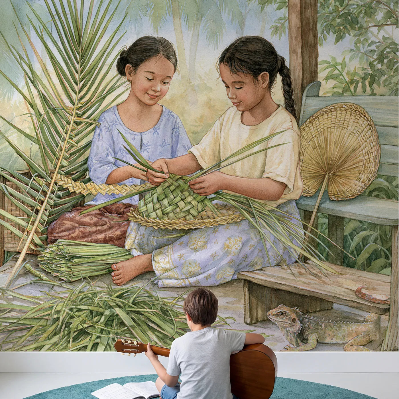 Child in nursery with Weaving the Palm Fan Wallpaper Mural by Whimsy Tots