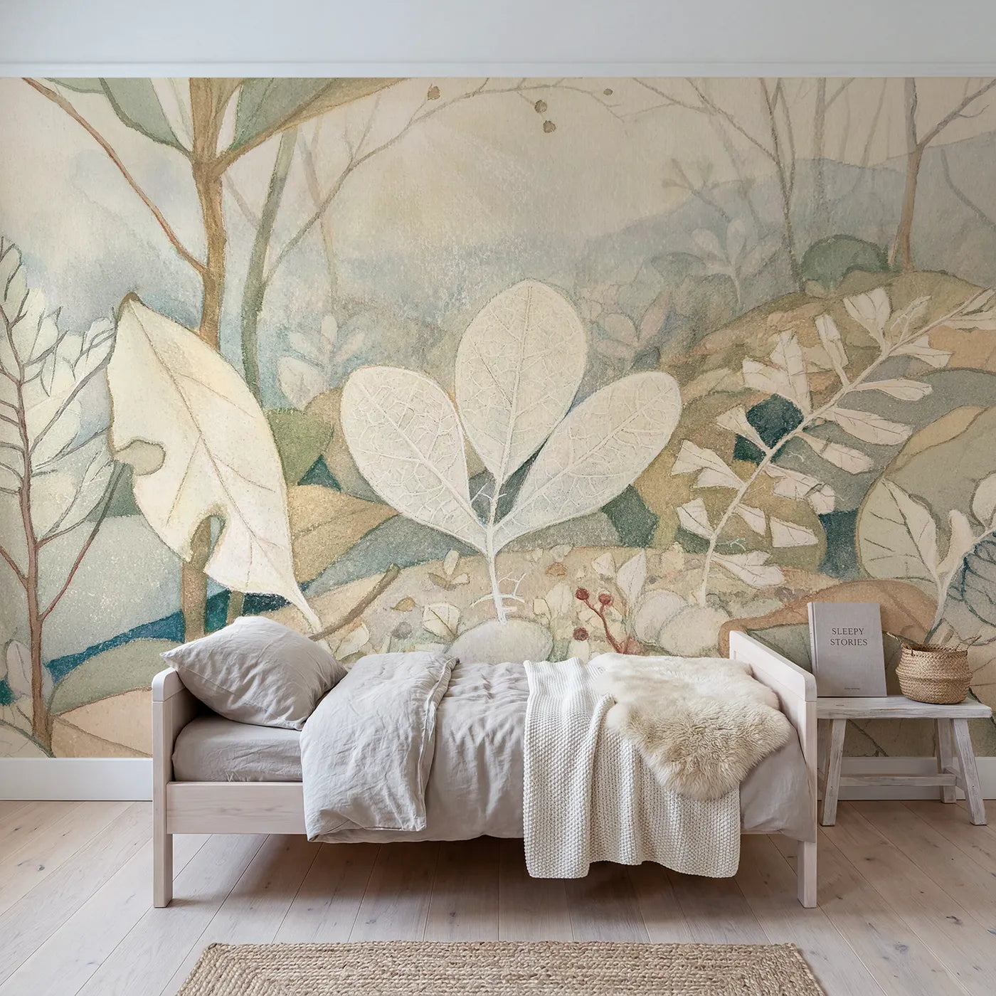 Colored Pencil leaf skeleton showing only its veins, mural for a rented bedroom by Whimsy Tots