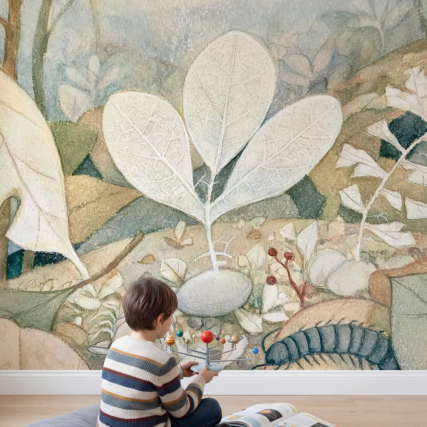 Child in nursery with The Leaf Skeleton Wallpaper Mural by Whimsy Tots