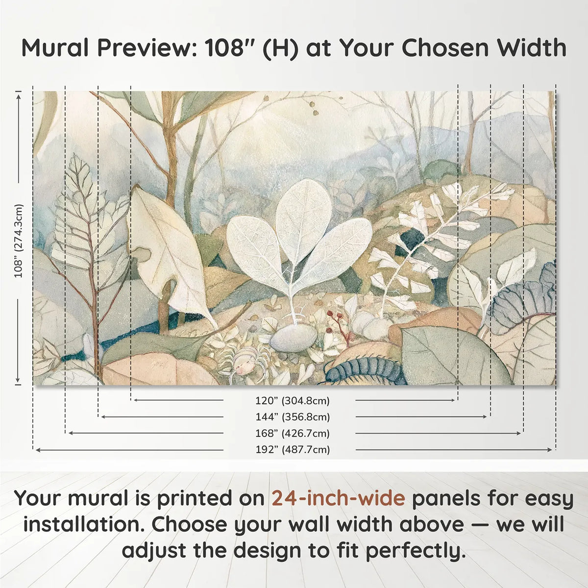 Panel layout and dimensions for The Leaf Skeleton Wallpaper Mural by Whimsy Tots