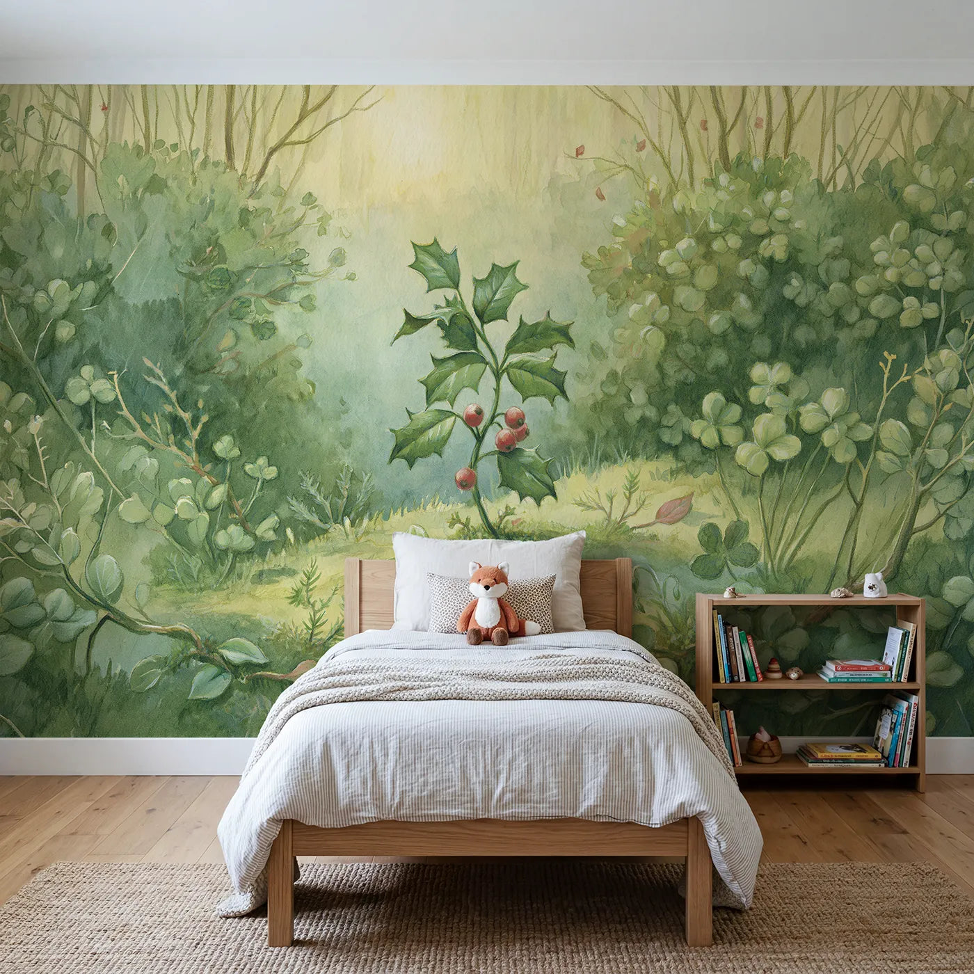 Leaf wall mural of a friendly holly sprig by Whimsy Tots