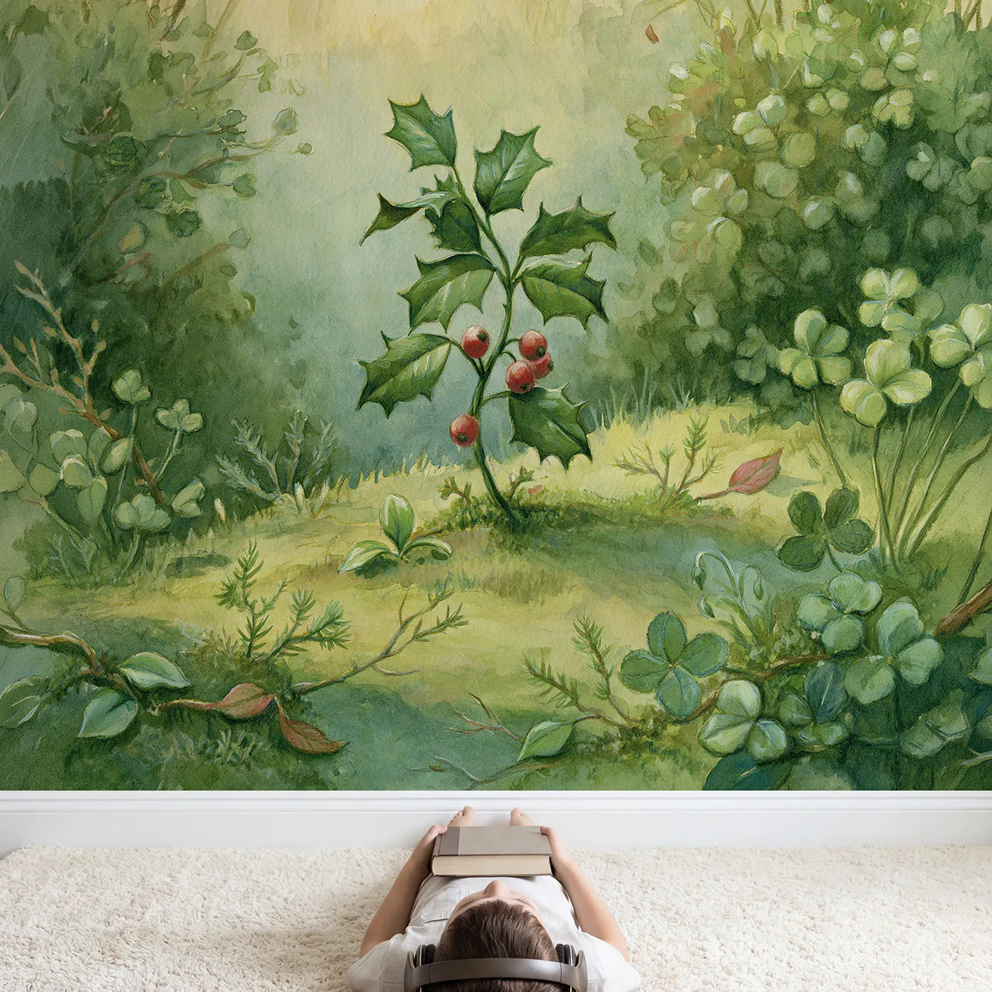 Child in nursery with Friendly Holly Sprig Wallpaper Mural by Whimsy Tots