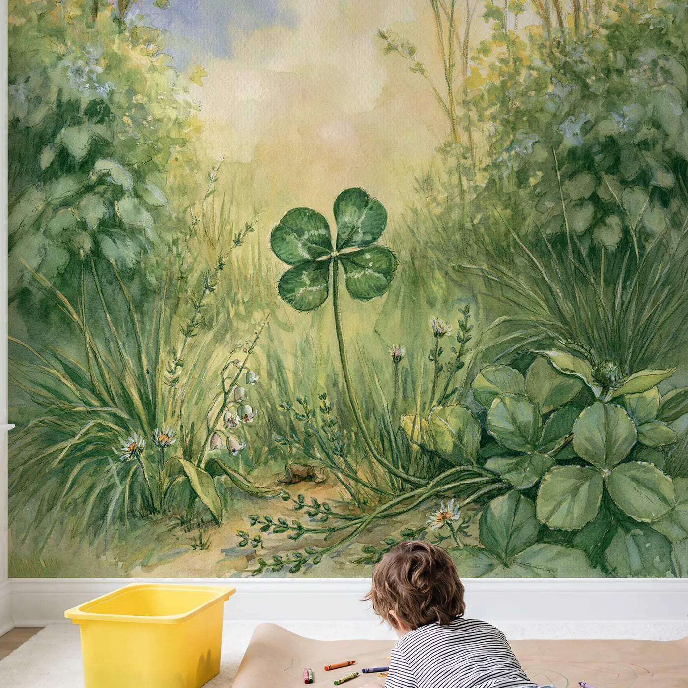 Child in nursery with Little Clover Trio Wallpaper Mural by Whimsy Tots