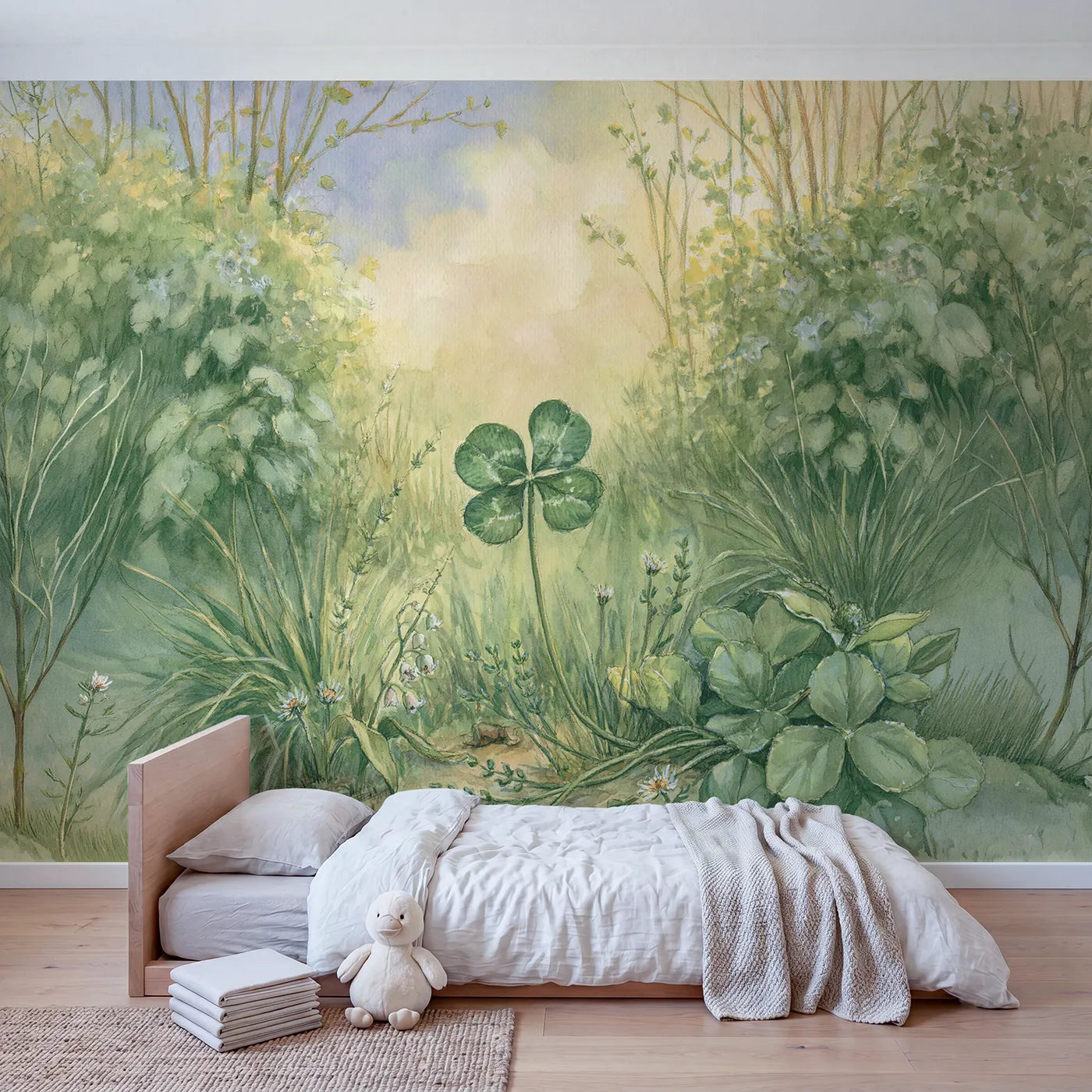 Little Clover Trio Wallpaper Mural in playroom setting by Whimsy Tots