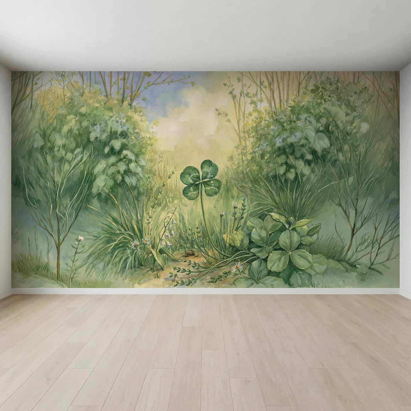 Full view of Little Clover Trio Wallpaper Mural by Whimsy Tots