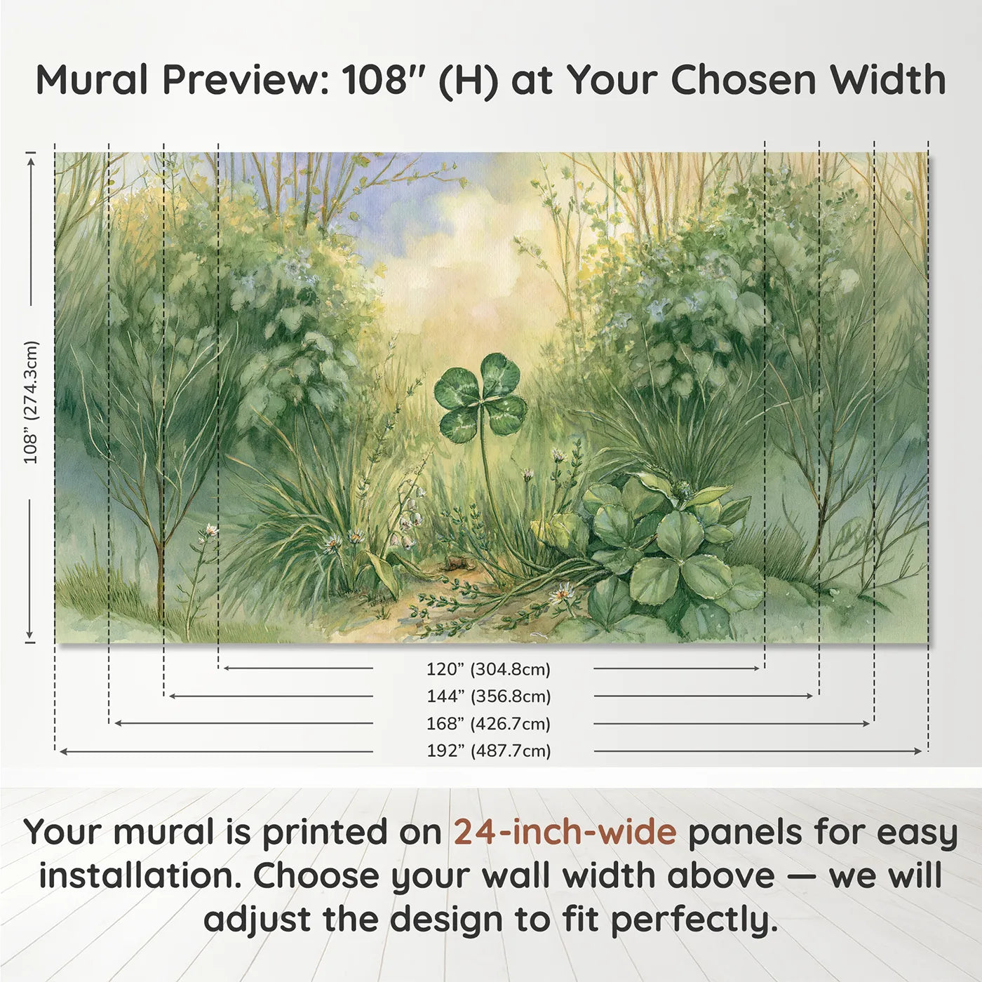 Panel layout and dimensions for Little Clover Trio Wallpaper Mural by Whimsy Tots