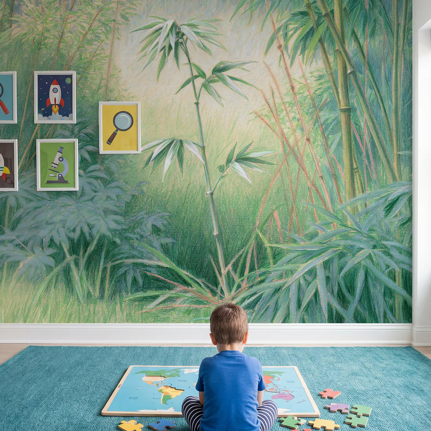 Child in nursery with Soft Bamboo Stalk Wallpaper Mural by Whimsy Tots