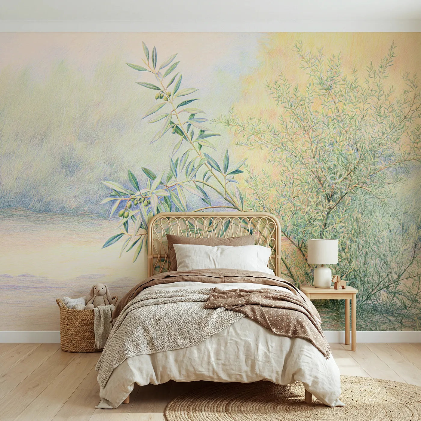 Leaf wall mural of a soft gentle olive branch by Whimsy Tots