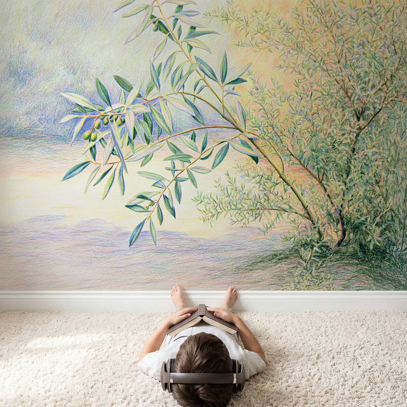 Child in nursery with Soft Olive Branch Wallpaper Mural by Whimsy Tots