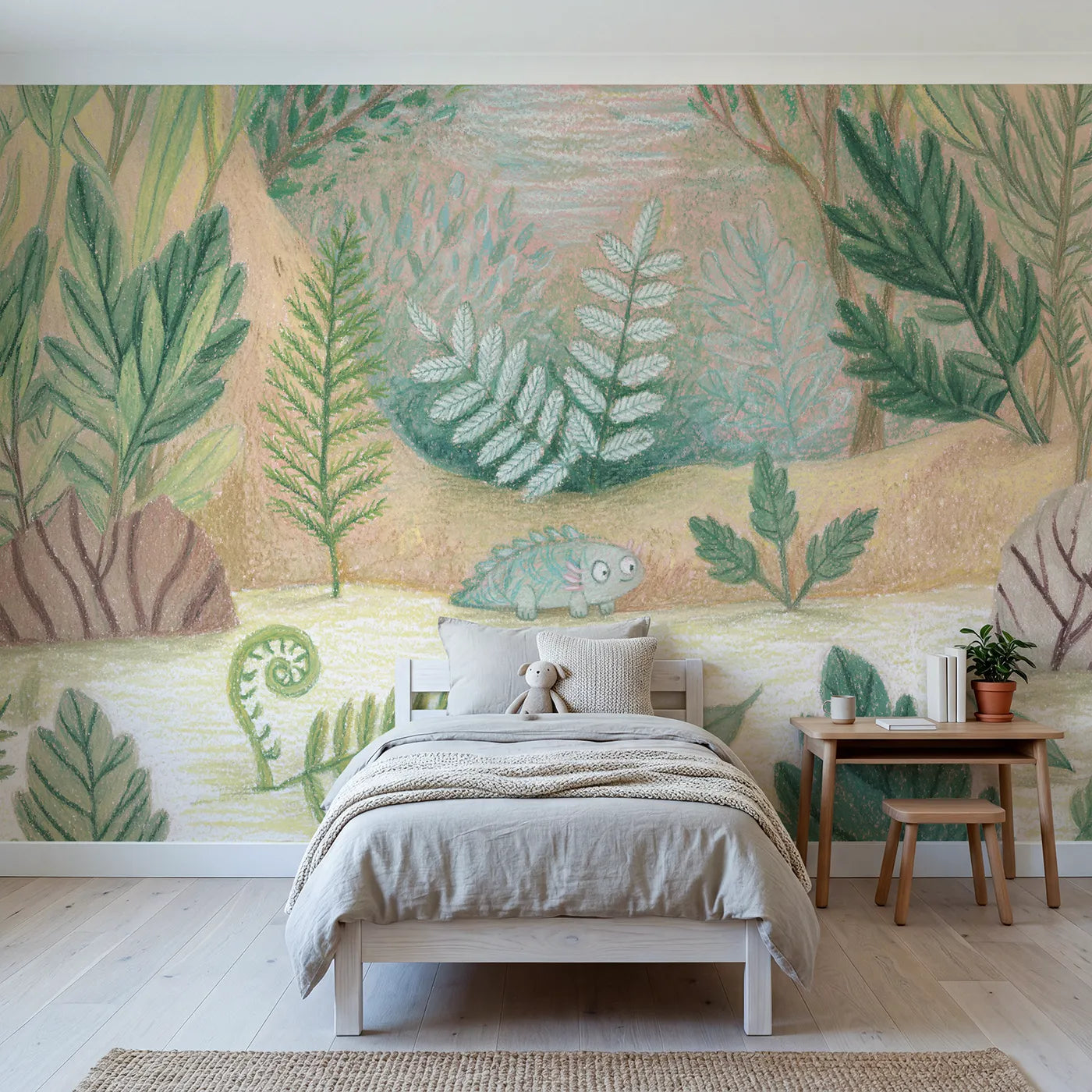 Colored-pencil wall mural of a calm modern fern by Whimsy Tots
