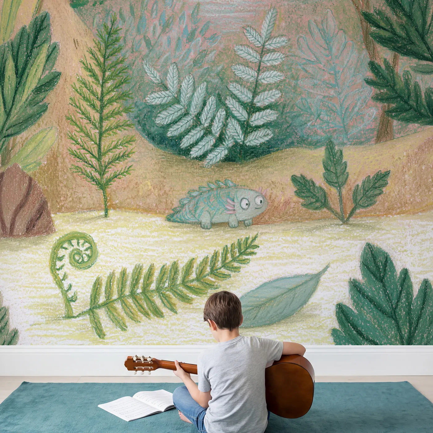 Child in nursery with Pencil Soft Fern Wallpaper Mural by Whimsy Tots