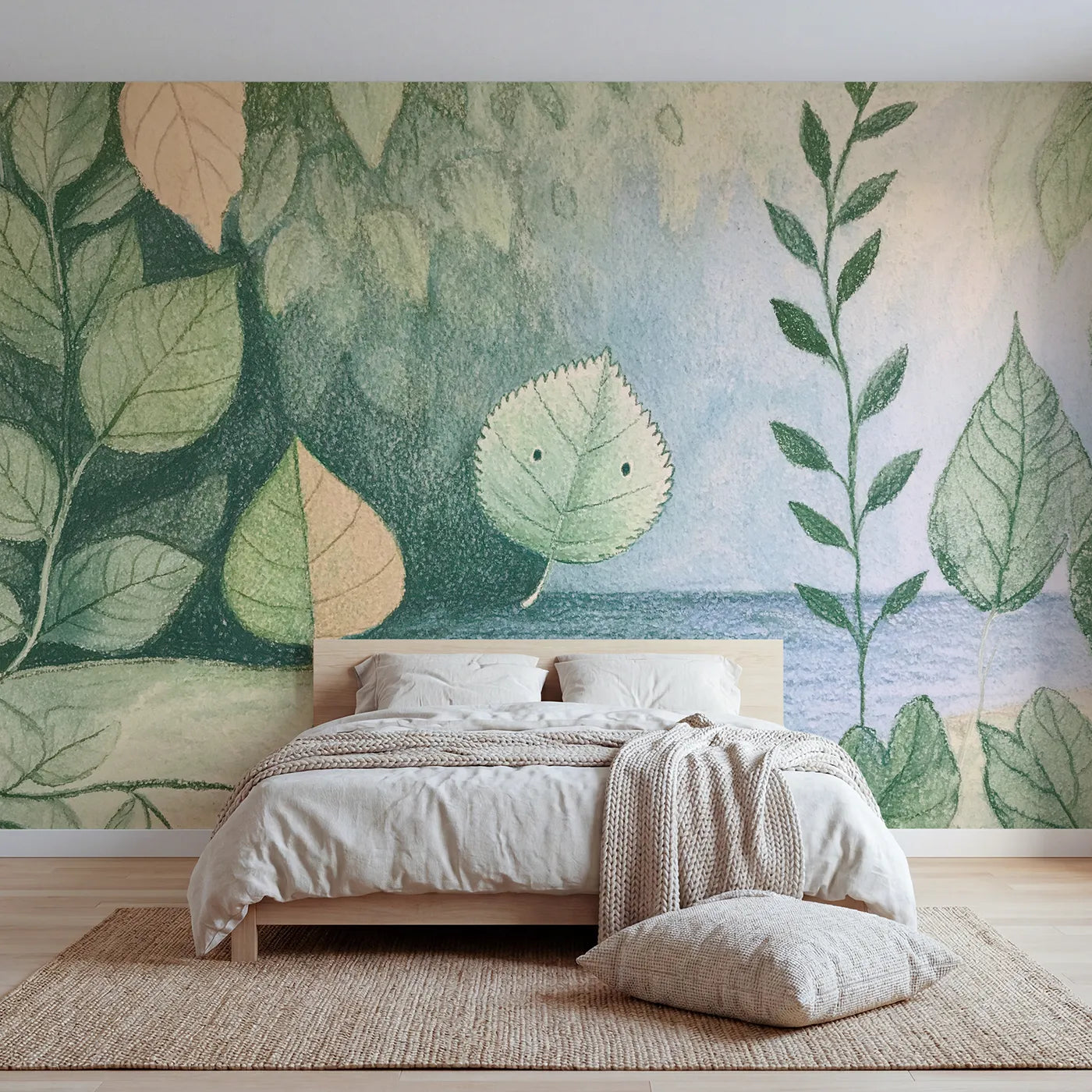 Colored-pencil wall mural of a fine leaf study by Whimsy Tots