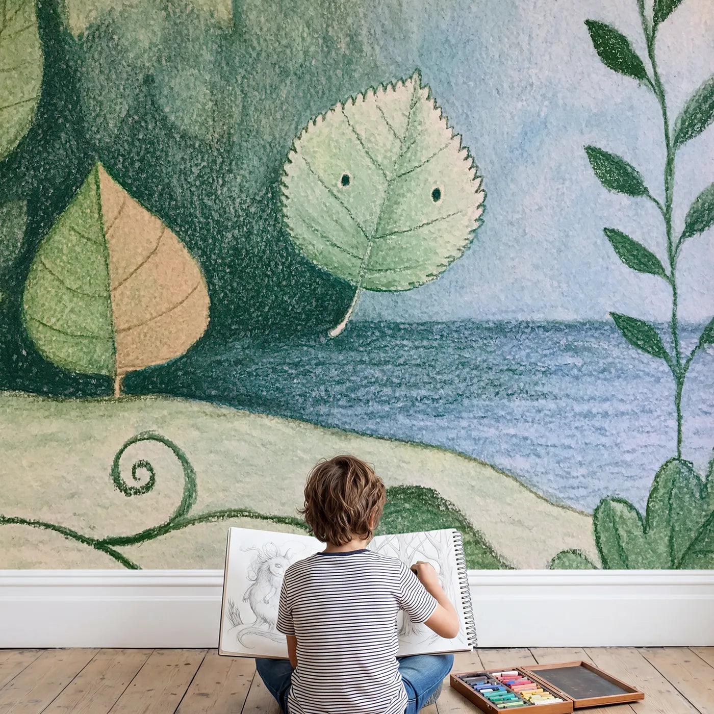 Child in nursery with Pencil Leaf Study Wallpaper Mural by Whimsy Tots