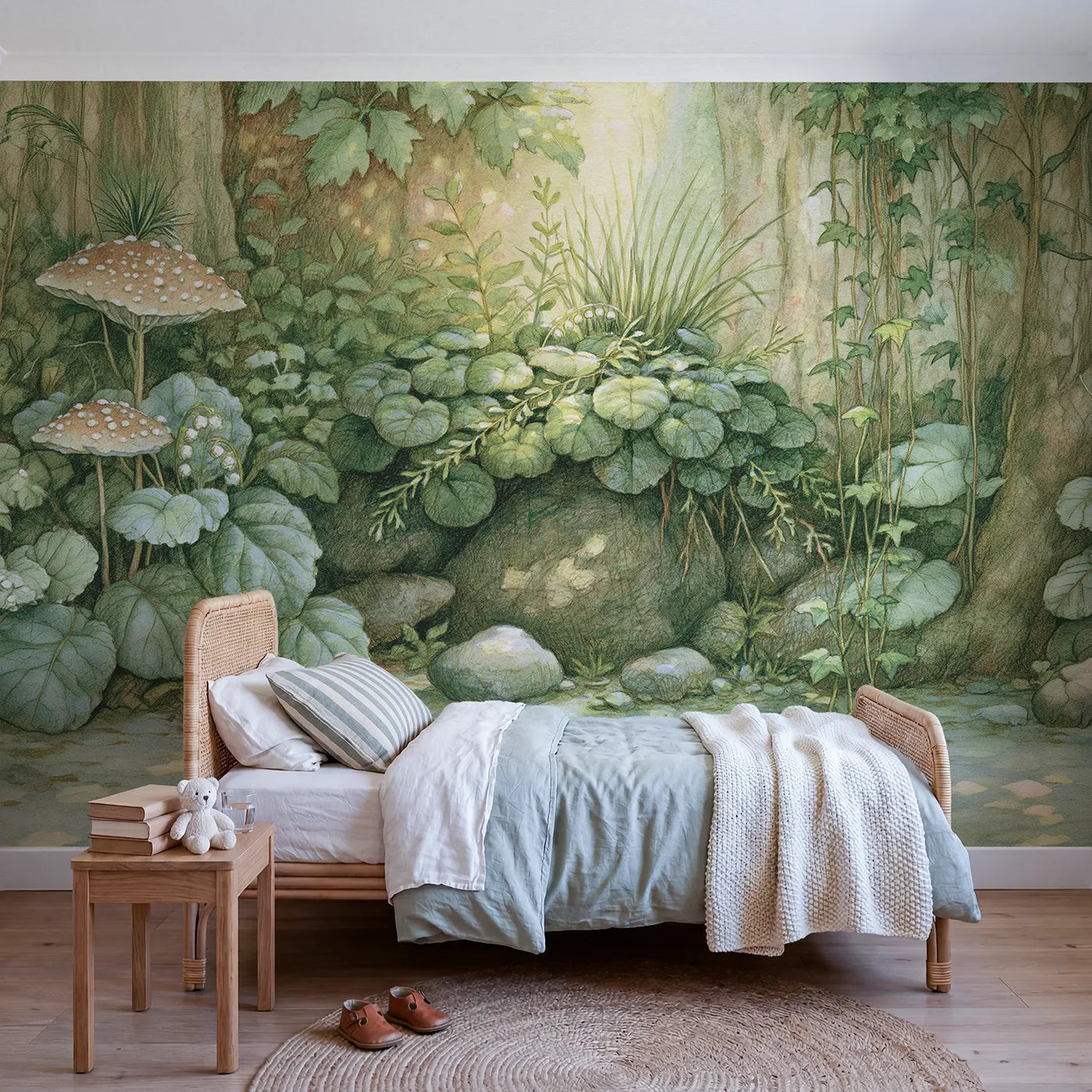 Storybook wall mural of gathered soft leafy greens by Whimsy Tots