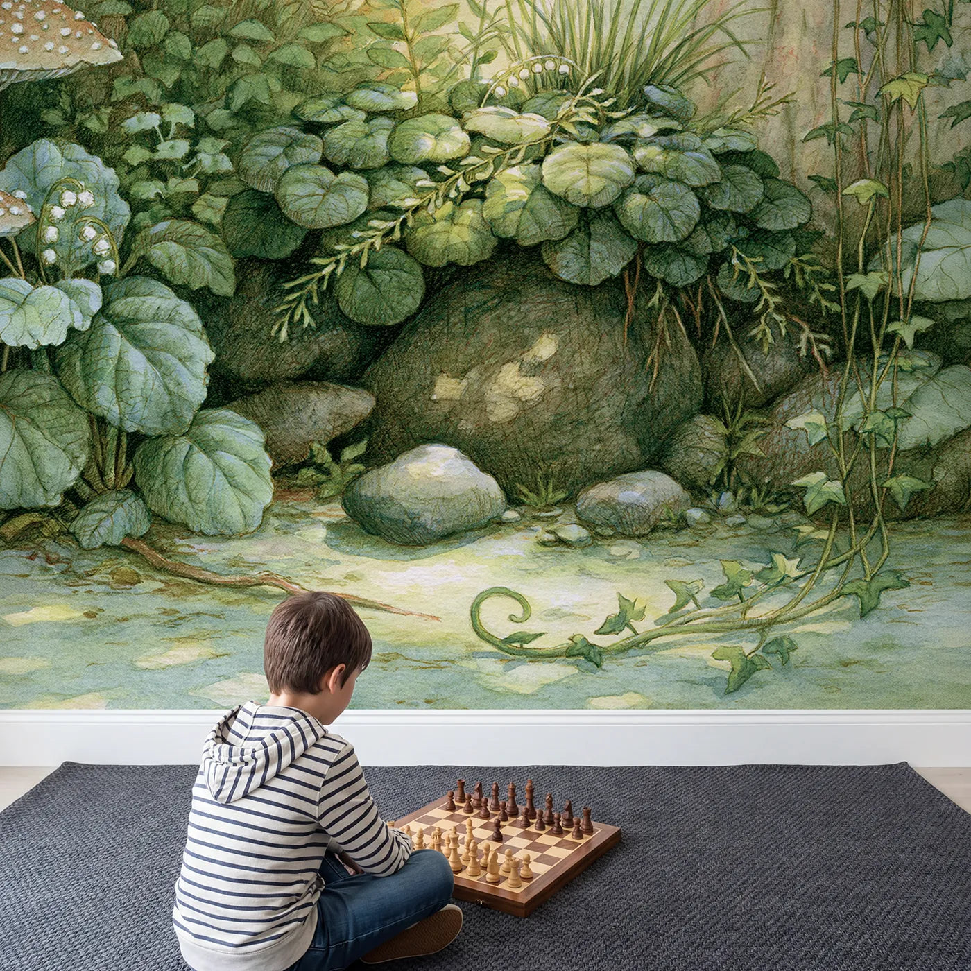 Child in nursery with Soft Leafy Greens Wallpaper Mural by Whimsy Tots