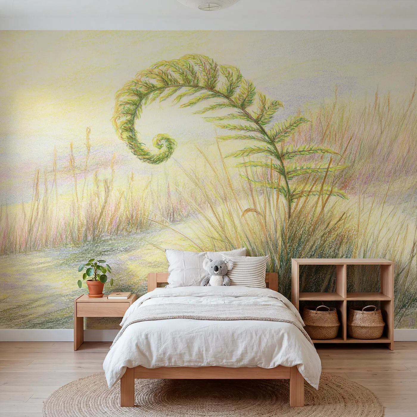 Colored-pencil wall mural of a curling fern frond by Whimsy Tots
