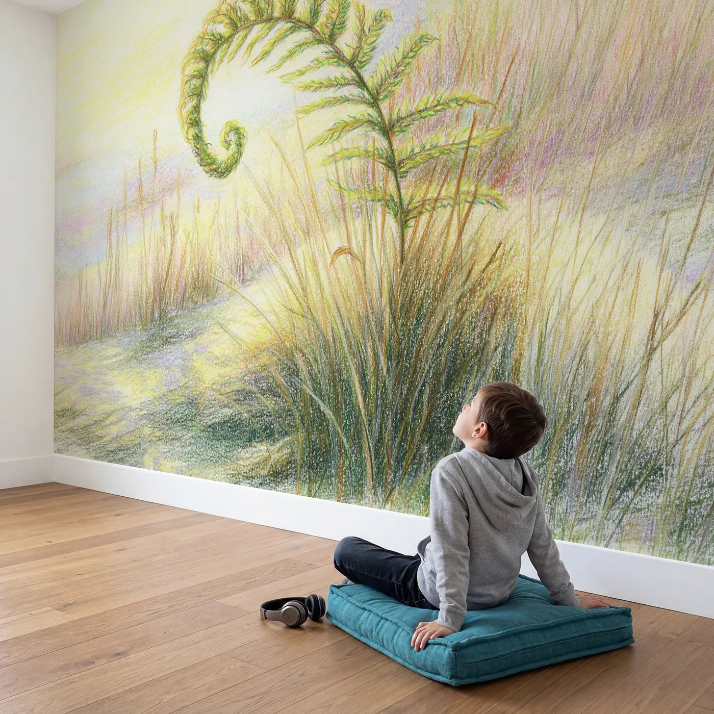 Child in nursery with Curling Fern Frond Wallpaper Mural by Whimsy Tots