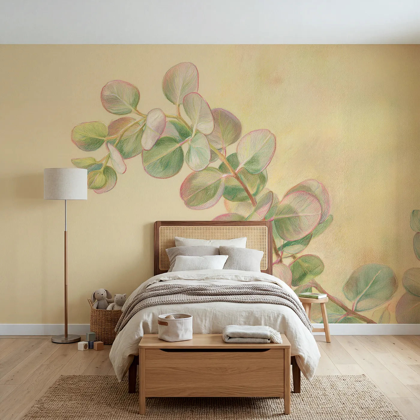 Colored-pencil wall mural of a penciled eucalyptus sprig by Whimsy Tots