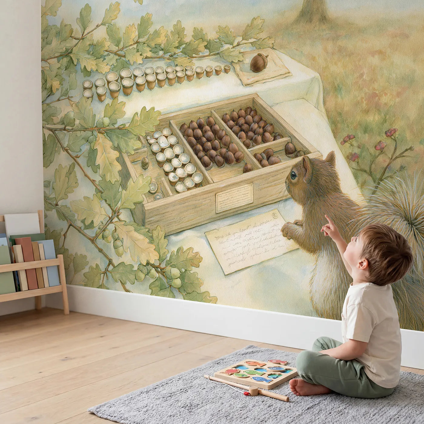 Child in nursery with The Acorn Cup Collection Wallpaper Mural by Whimsy Tots