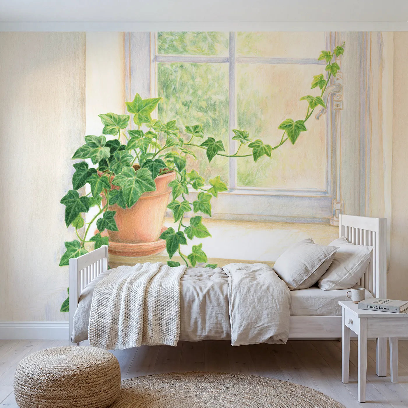 Colored Pencil potted ivy trailing along a sunny sill, mural for a toddler room by Whimsy Tots