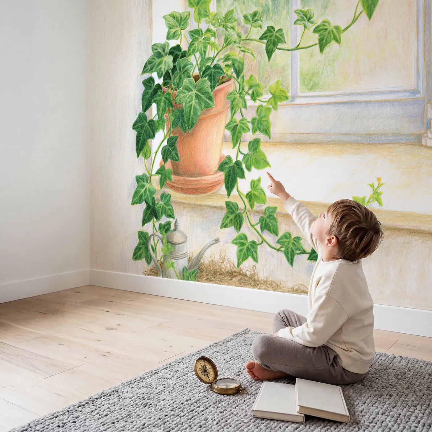 Child in nursery with Ivy on the Windowsill Wallpaper Mural by Whimsy Tots