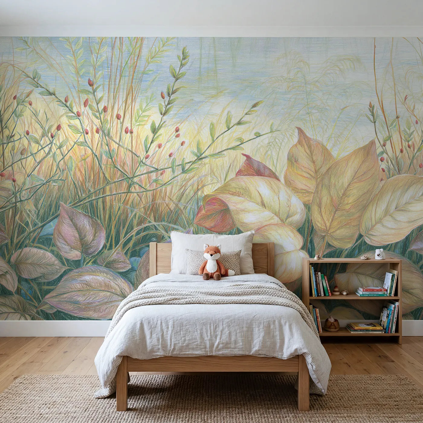 Colored-pencil wall mural of a botanical leaf arrangement by Whimsy Tots