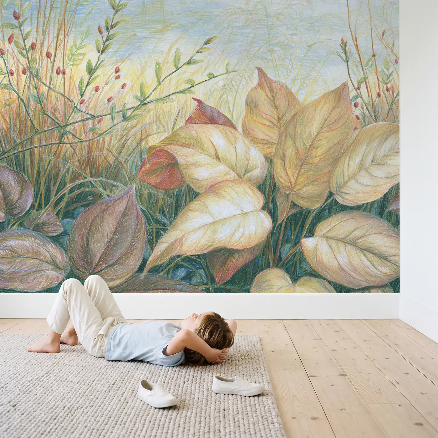 Child in nursery with Botanical Leaf Arrangement Wallpaper Mural by Whimsy Tots