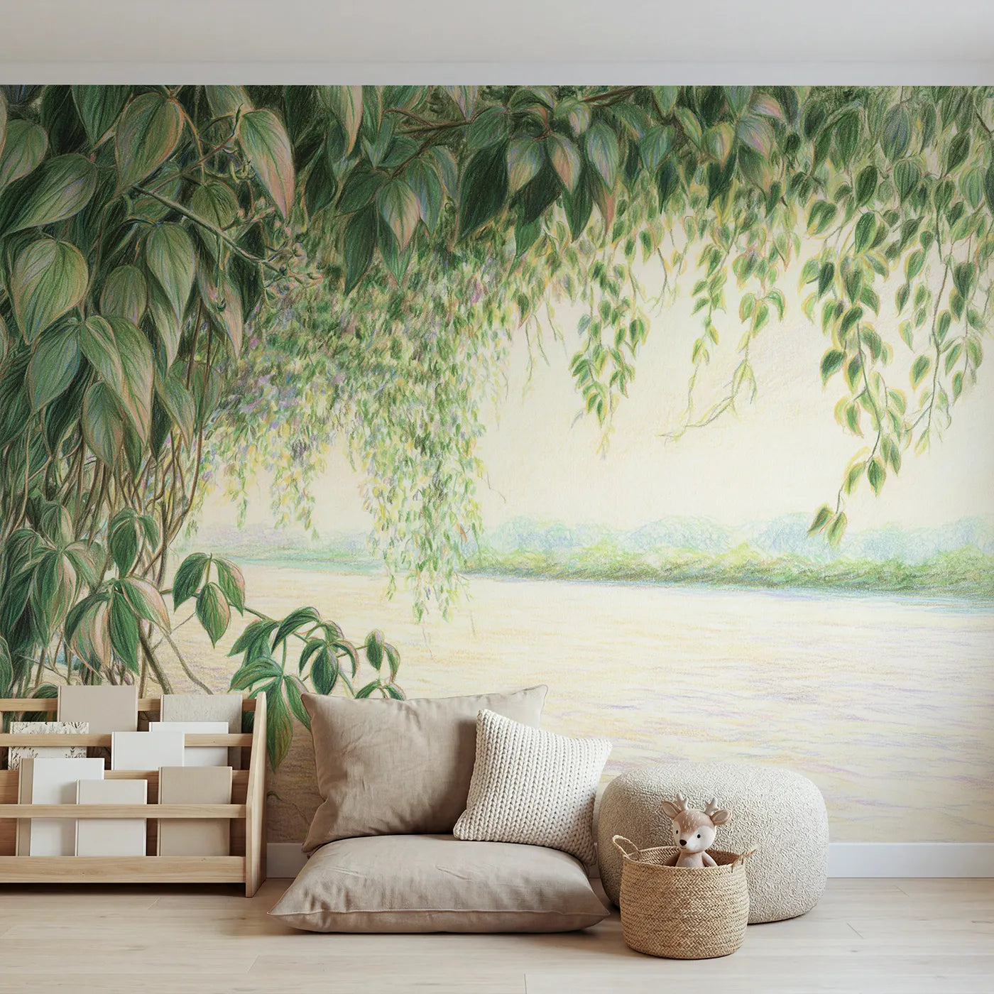 Colored-pencil wall mural of a mixed greenery garland by Whimsy Tots