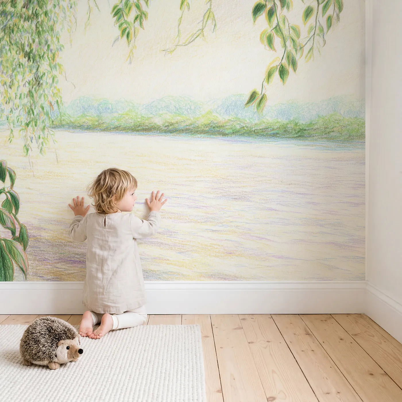 Child in nursery with Greenery Garland Wallpaper Mural by Whimsy Tots
