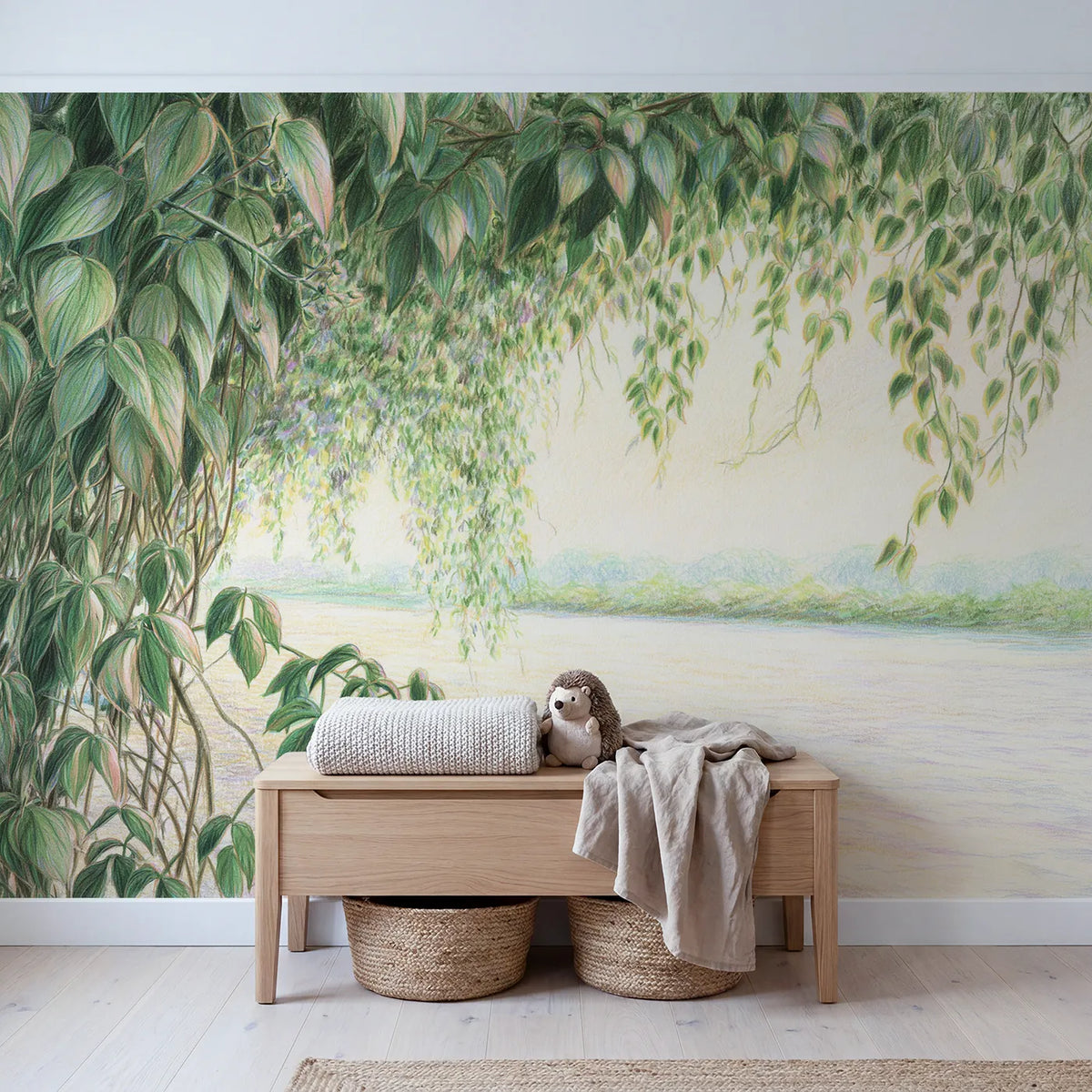 Greenery Garland Wallpaper Mural in playroom setting by Whimsy Tots
