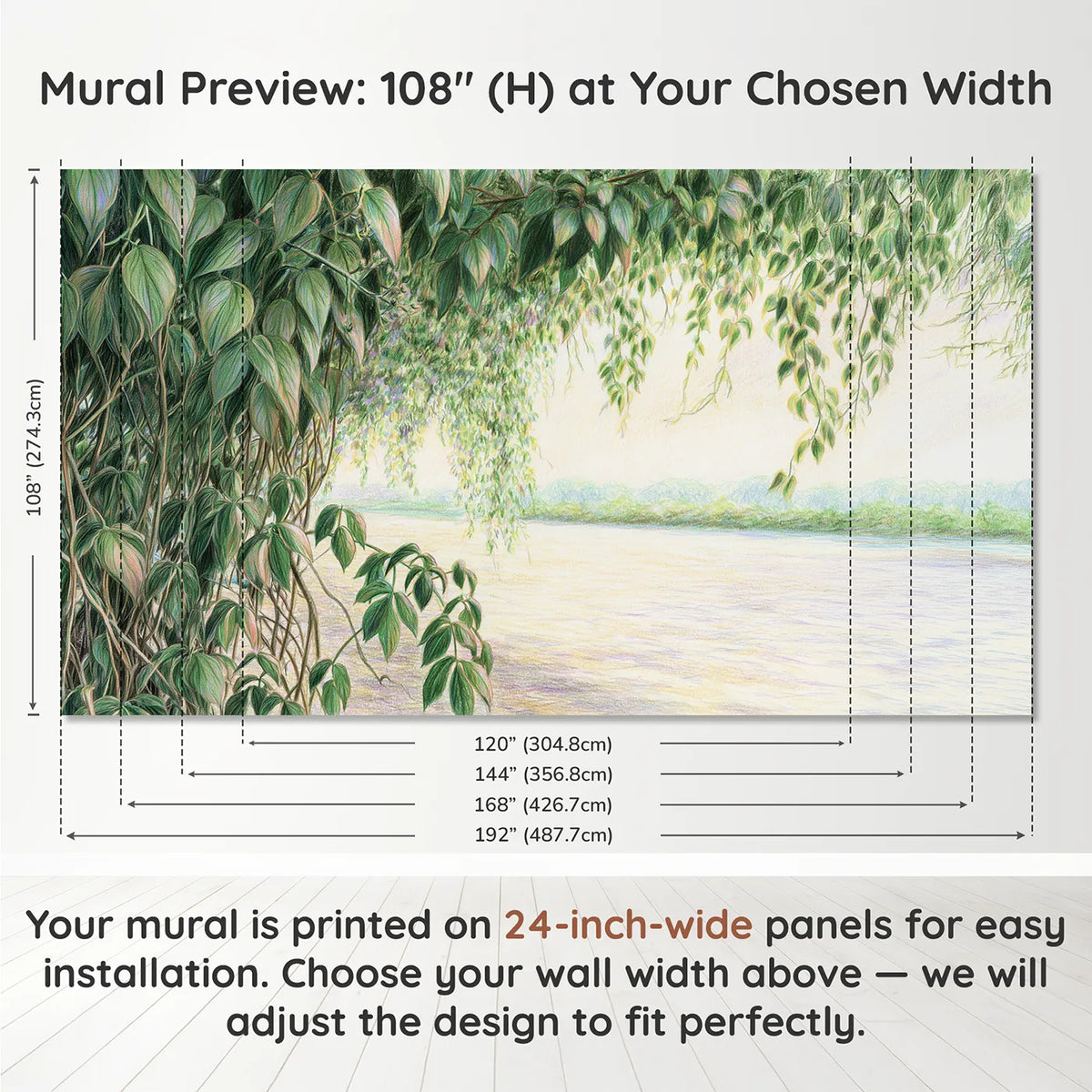 Panel layout and dimensions for Greenery Garland Wallpaper Mural by Whimsy Tots