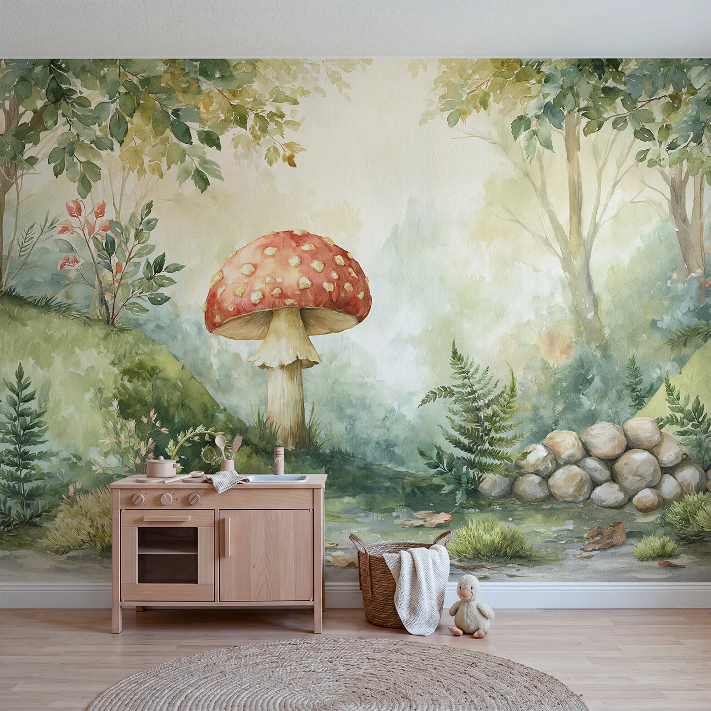 Watercolor wall mural of a spotted fly agaric by Whimsy Tots