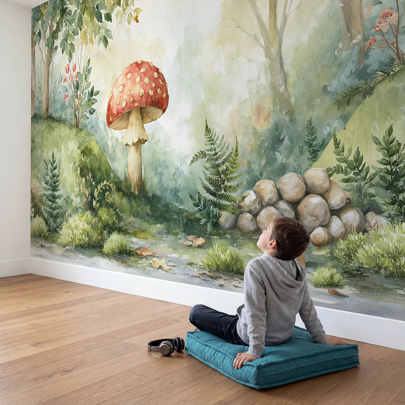 Child in nursery with Fly Agaric Study Wallpaper Mural by Whimsy Tots